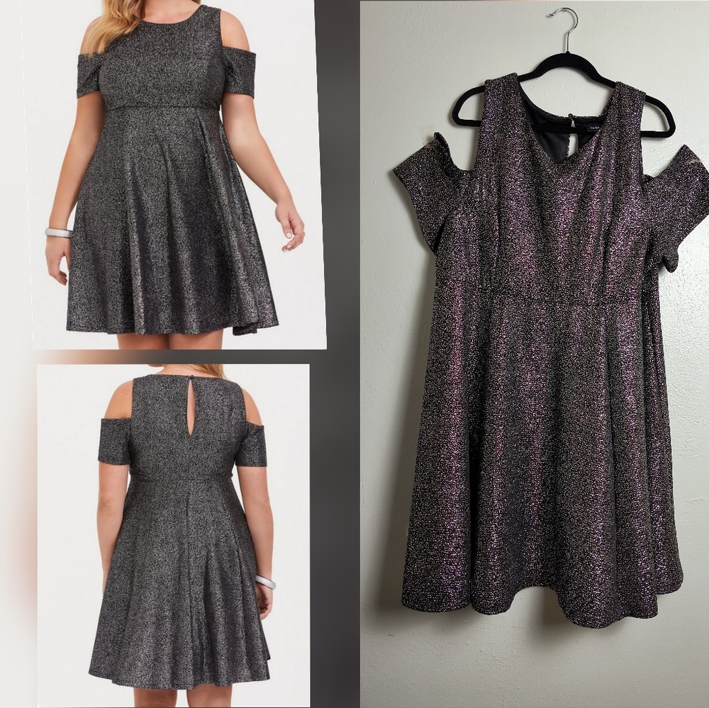 Torrid 3X Black Cold Shoulder Midi Skater Dress Embellished Champagne Metallic